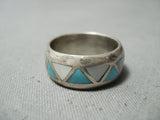 Native American Fabulous Detailed Vintage Zuni Turquoise Sterling Silver Inlay Ring-Nativo Arts