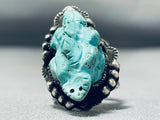 Native American Hand Carved Turquoise Frog Vintage Navajo Sterling Silver Ring-Nativo Arts