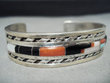 Native American Heavy Vintage Zuni Turquoise Coral Inlay Sterling Silver Bracelet-Nativo Arts