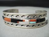 Native American Heavy Vintage Zuni Turquoise Coral Inlay Sterling Silver Bracelet-Nativo Arts