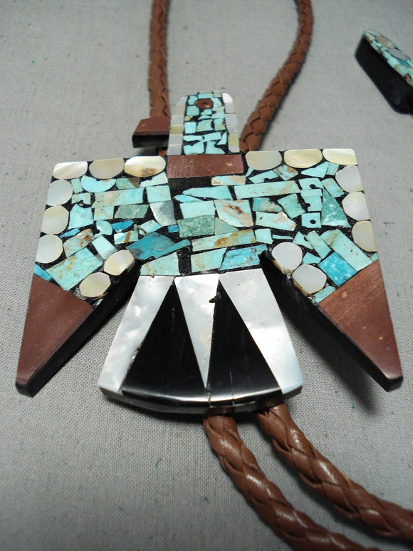 Native American Huge Santo Domingo Nieto Turquoise Sterling Silver Bolo Tie-Nativo Arts