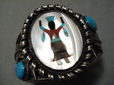 Native American Huge Vintage Navajo Dancing Kachina Turquoise Sterling Silver Bracelet Old-Nativo Arts