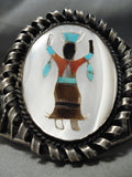 Native American Huge Vintage Navajo Dancing Kachina Turquoise Sterling Silver Bracelet Old-Nativo Arts