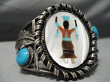 Native American Huge Vintage Navajo Dancing Kachina Turquoise Sterling Silver Bracelet Old-Nativo Arts