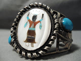 Native American Huge Vintage Navajo Dancing Kachina Turquoise Sterling Silver Bracelet Old-Nativo Arts