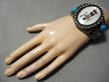 Native American Huge Vintage Navajo Dancing Kachina Turquoise Sterling Silver Bracelet Old-Nativo Arts