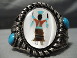 Native American Huge Vintage Navajo Dancing Kachina Turquoise Sterling Silver Bracelet Old-Nativo Arts
