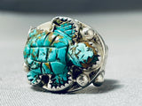 Native American Important Francisco Gomez Hand Carved Turtle Turquoise Sterling Silver Ring-Nativo Arts