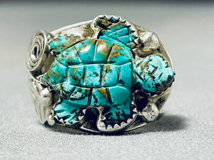 Native American Important Francisco Gomez Hand Carved Turtle Turquoise Sterling Silver Ring-Nativo Arts