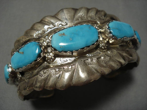 Native American Important George Lupita Leekity Turquoise Sterling Silver Heavy Bracelet Old-Nativo Arts