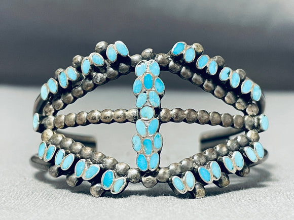 Native American Important Very Old Vintage Zuni Flattened Turquoise Sterling Silver Bracelet-Nativo Arts