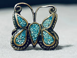 Native American Intricate Vintage Navajo Turquoise Butterfly Sterling Silver Ring Old-Nativo Arts