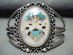 Native American Intricate Vintage Zuni Turquoise Clown Sterling Silver Bracelet-Nativo Arts
