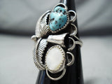 Native American Marvelous Vintage Turquoise & Mother Of Pearl Sterling Silver Ring Old-Nativo Arts