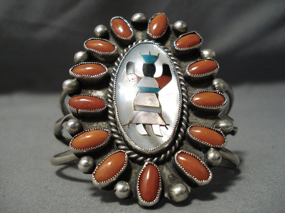 Native American Museum Huge Vintage Navajo Coral Turquoise Sterling Silver Kachina Bracelet-Nativo Arts