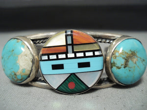 Native American One Of The Most Unique Vintage Zuni Sunface Turquoise Sterling Silver Bracelet-Nativo Arts