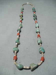 Native American Outstanding Santo Domingo Royston Turquoise Corals Sterling Silver Necklace-Nativo Arts