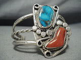 Native American Rare Blue Thunder Turquoise Coral Sterling Silver Bracelet Old-Nativo Arts