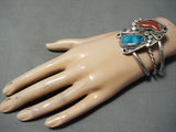 Native American Rare Blue Thunder Turquoise Coral Sterling Silver Bracelet Old-Nativo Arts