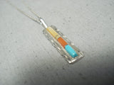 Native American Signed Intricate Vintage Zuni Turquoise Coral Sterling Silver Necklace-Nativo Arts