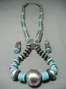 Native American Signed Very Long Tubule Sterling Silver Turquoise Necklace-Nativo Arts