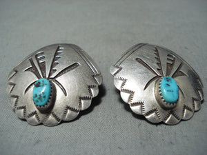 Native American Signed Vintage Isleta Old Kingman Turquoise Sterling Silver Earrings-Nativo Arts