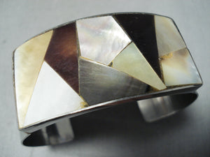 Native American Spectacular Vintage Southwest Inlay Mother Of Pearl Sterling Silver Bracelet-Nativo Arts