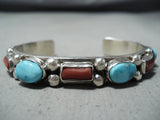 Nez Navajo Turquoise, Coral Sterling Silver Bracelet Native American-Nativo Arts