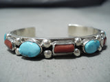 Nez Navajo Turquoise, Coral Sterling Silver Bracelet Native American-Nativo Arts