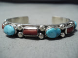 Nez Navajo Turquoise, Coral Sterling Silver Bracelet Native American-Nativo Arts