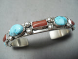 Nez Navajo Turquoise, Coral Sterling Silver Bracelet Native American-Nativo Arts