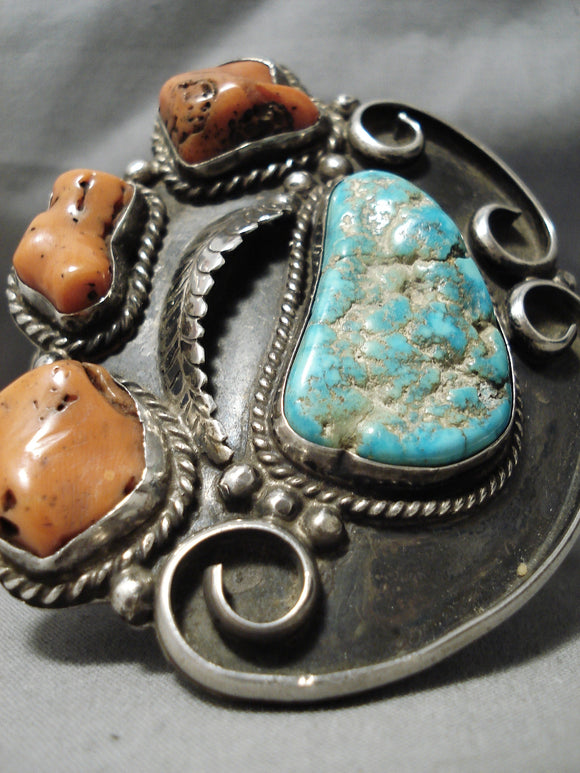 One Of Best Vintage Native American Navajo Turquoise Chunky Coral Sterling Silver Bracelet-Nativo Arts