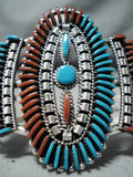 One Of Best Zuni Native American Turquoise Coral Sterling Silver Huge Bracelet-Nativo Arts