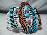 One Of Best Zuni Native American Turquoise Coral Sterling Silver Huge Bracelet-Nativo Arts