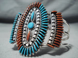 One Of Best Zuni Native American Turquoise Coral Sterling Silver Huge Bracelet-Nativo Arts