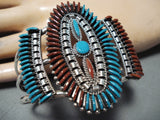 One Of Best Zuni Native American Turquoise Coral Sterling Silver Huge Bracelet-Nativo Arts