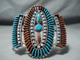 One Of Best Zuni Native American Turquoise Coral Sterling Silver Huge Bracelet-Nativo Arts