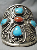 One Of Biggest Best Vintage Native American Navajo Turquoise Coral Sterling Silver Bracelet Old-Nativo Arts