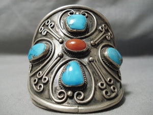 One Of Biggest Best Vintage Native American Navajo Turquoise Coral Sterling Silver Bracelet Old-Nativo Arts