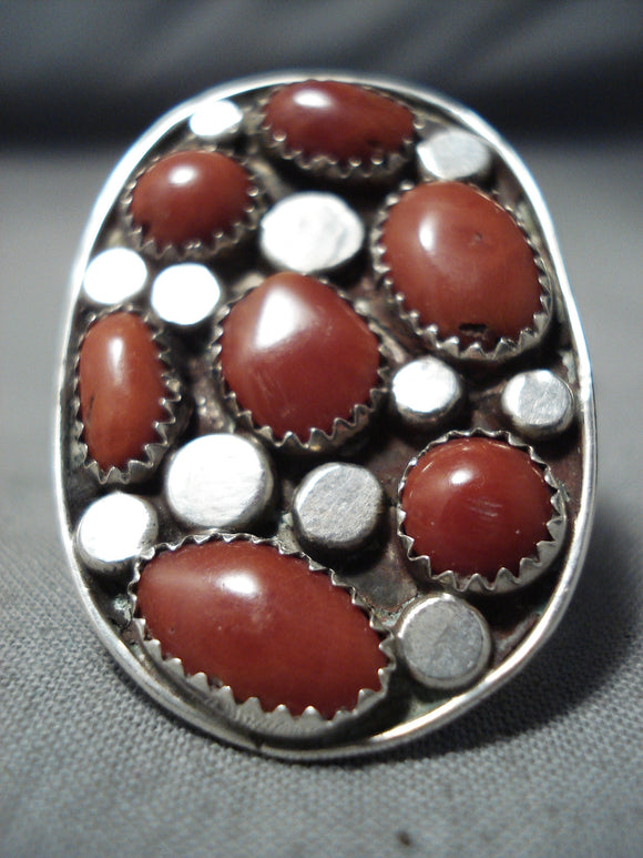 One Of Biggest Vintage Native American Navajo Coral Sterling Silver Ring Old-Nativo Arts