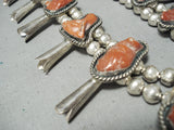 One Of Chunkiest Vintage Native American Navajo Coral Sterling Silver Squash Blossom Necklace-Nativo Arts