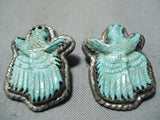 One Of Most Detailed Vintage Native American Navajo Eagle Turquoise Sterling Silver Earrings-Nativo Arts