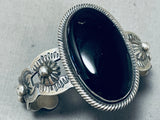 One Of The Best Native American Navajo Jet Black Stone Sterling Silver Repoussed Bracelet-Nativo Arts