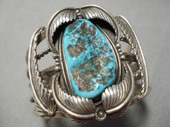 One Of The Best Vintage Native American Navajo Persin Turquoise Sterling Silver Leaf Bracelet-Nativo Arts