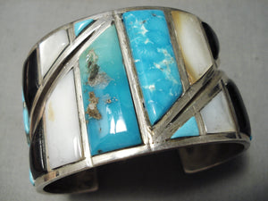 One Of The Best Vintage Native American Navajo Turquoise Inlay Sterling Silver Bracelet Old-Nativo Arts