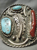 One Of The Biggest Best Vintage Native American Navajo Turquoise Coral Sterling Silver Bracelet-Nativo Arts