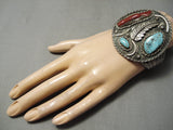 One Of The Biggest Best Vintage Native American Navajo Turquoise Coral Sterling Silver Bracelet-Nativo Arts
