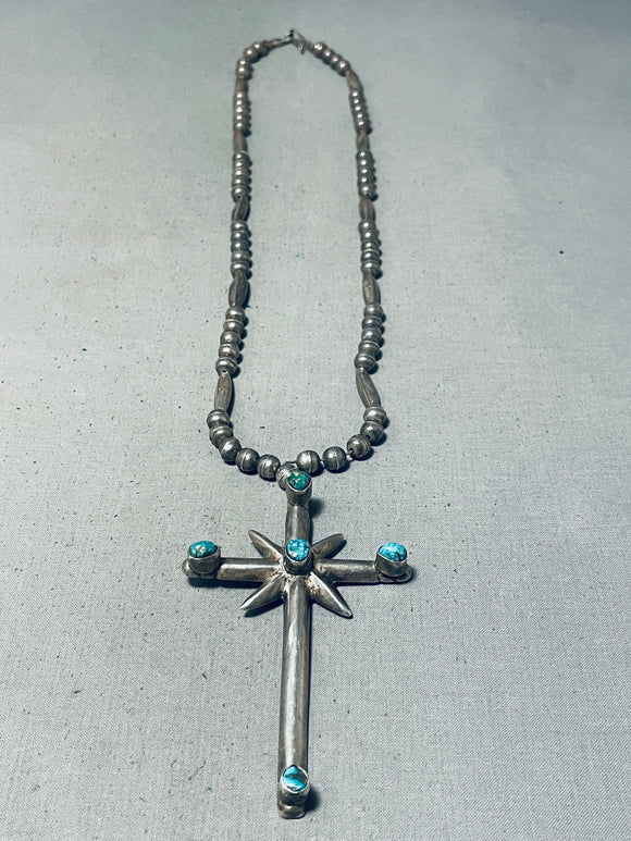 One Of The Biggest Vintage Native American Navajo Cross Turquoise Sterling Silver Necklace-Nativo Arts