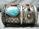 One Of The Bioggest Best Vintage Native American Navajo Turquoise Coral Sterling Silver Bracelet-Nativo Arts