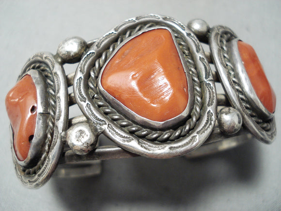 One Of The Chunbkiest Vintage Native American Navajo Coral Sterling Silver Bracelet-Nativo Arts